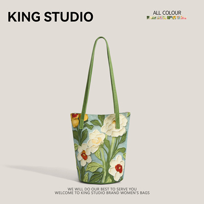 油画花卉百搭小众休闲单肩水桶包