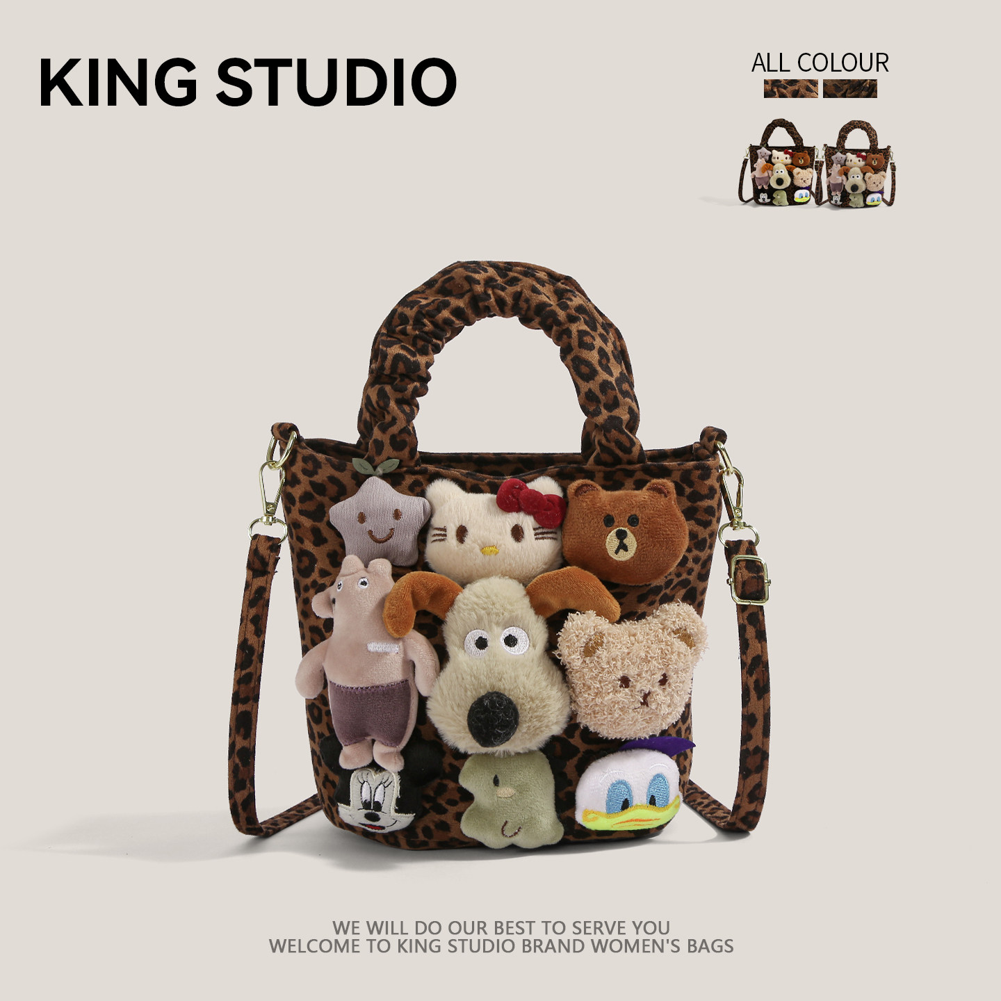 超火小众豹纹帆布包女2026秋冬新款百搭斜挎包可爱卡通手提水桶包