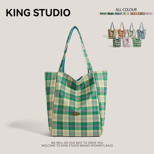 格子帆布包包女大容量购物袋布包