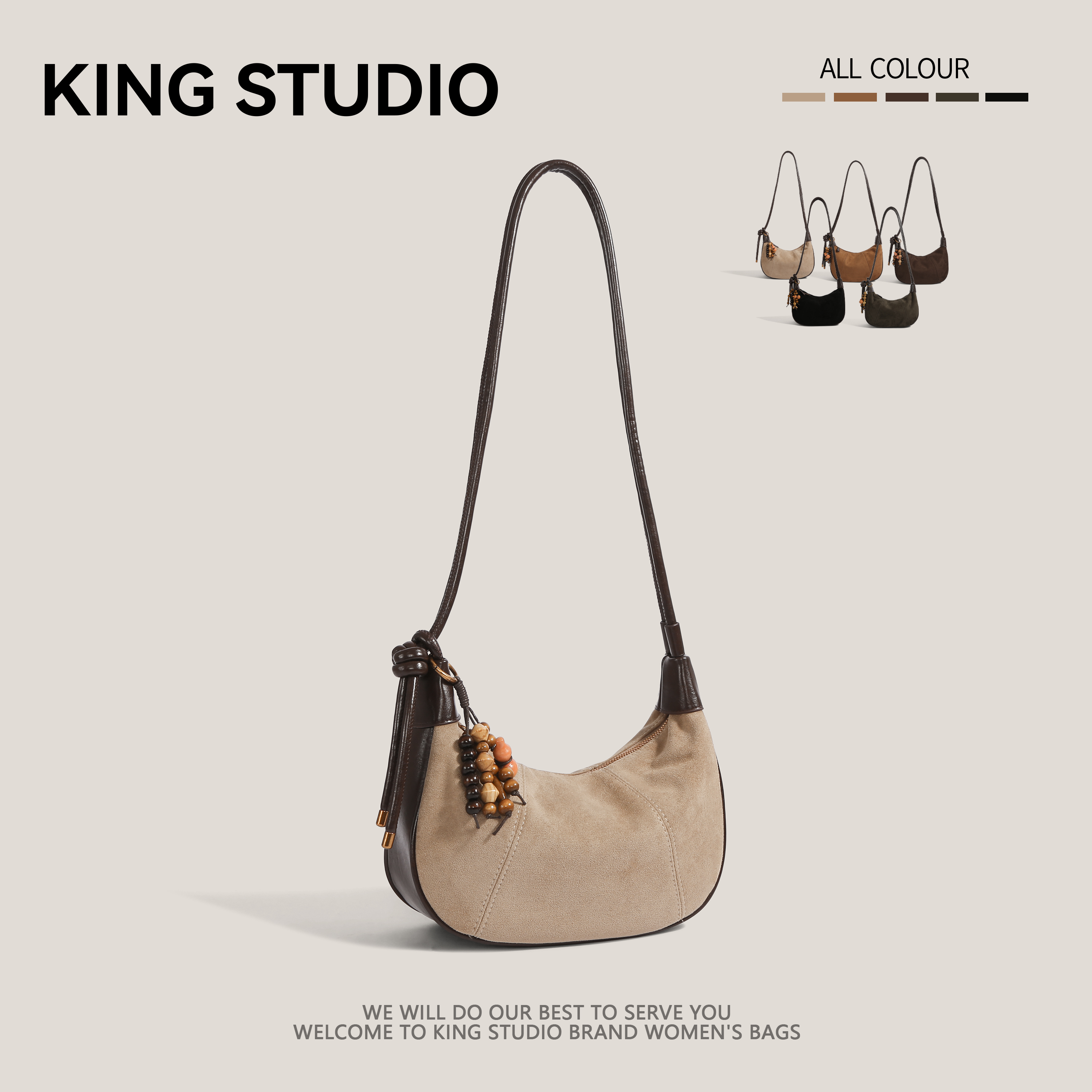 复古小众麂皮绒包包女腋下牛角包