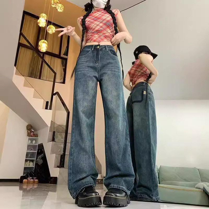 春秋新款撞色小个子美式阔腿牛仔裤女复古高腰宽松显瘦直筒长裤子