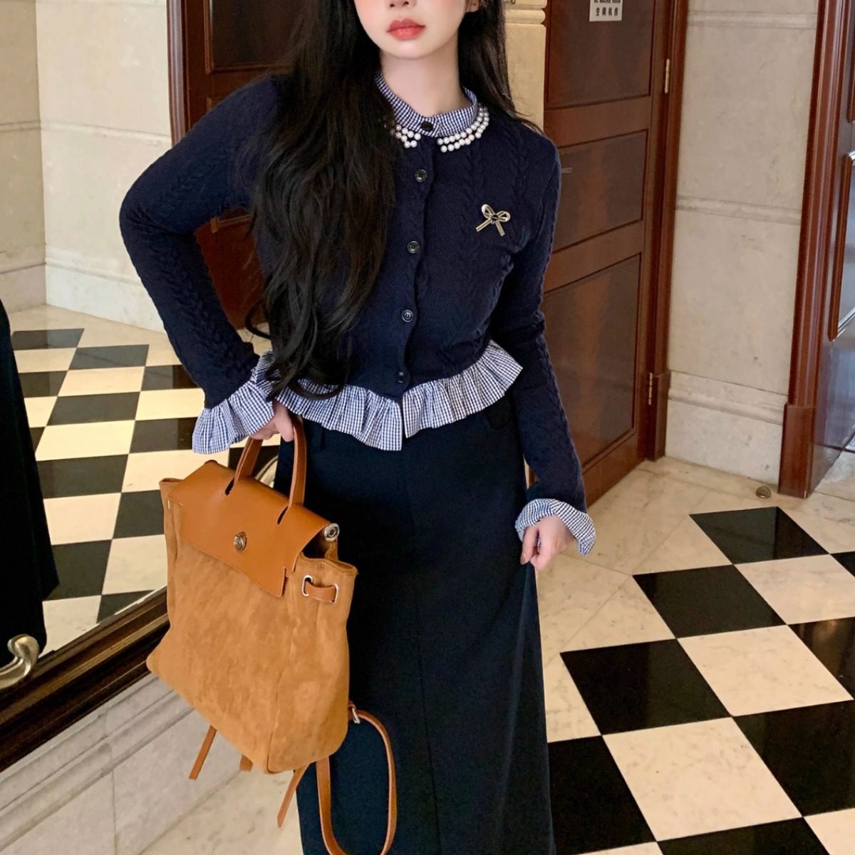 春季新款女装套装假两件拼接长袖针织衫高腰半身裙子学院风两件套