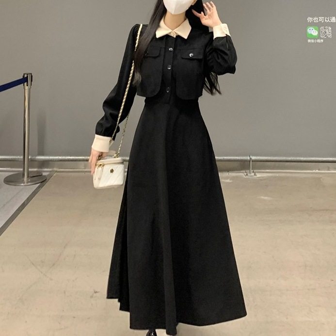 大码胖mm复古拼接假两件polo领连衣裙秋冬学院风收腰显瘦黑色长裙