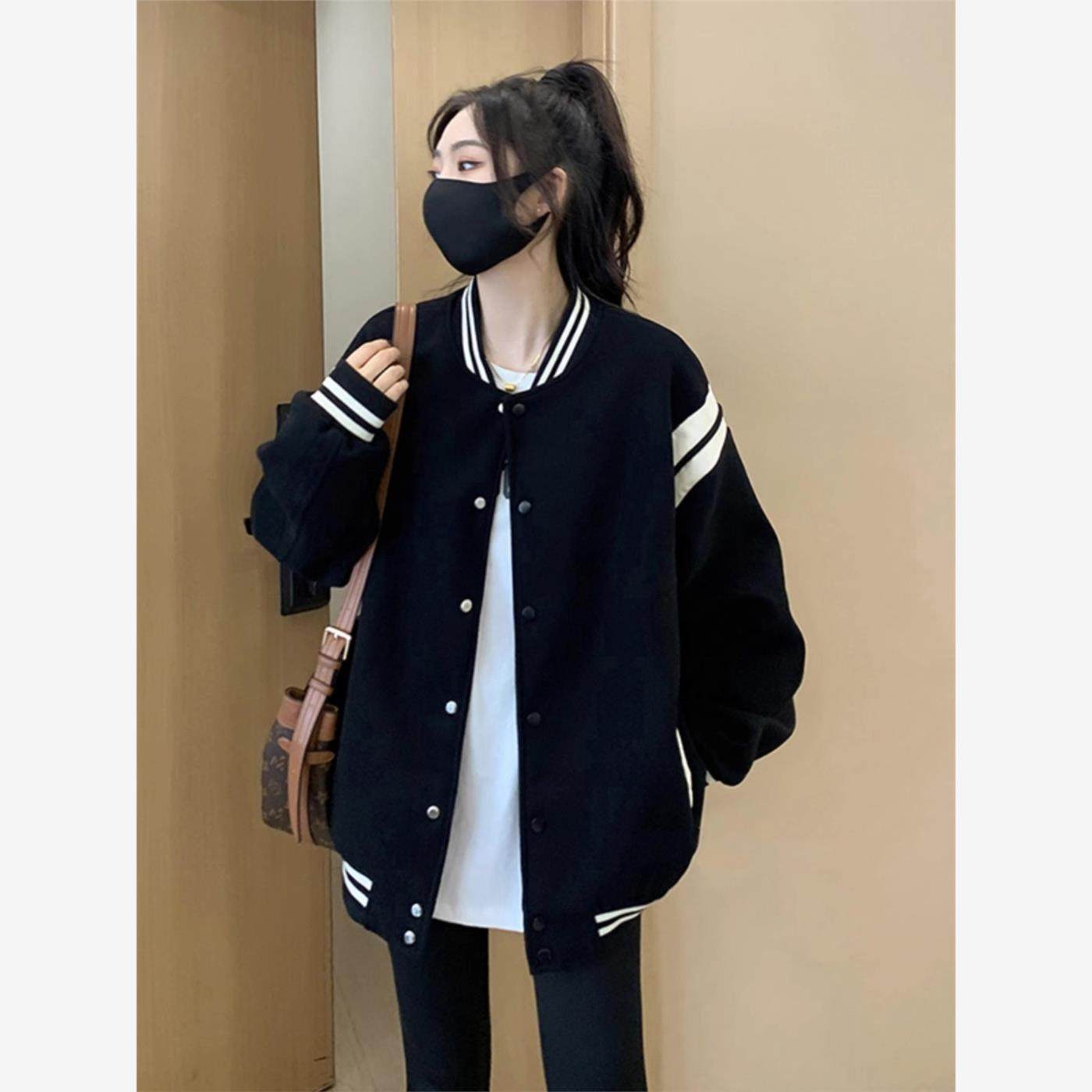 早初秋季黑色棒球服加厚外套女春秋2024年新款韩系小香风上衣秋冬