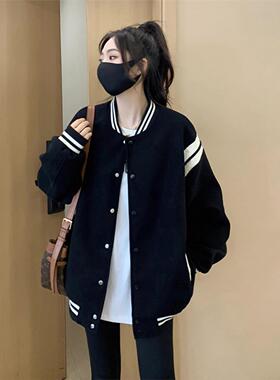早初秋季黑色棒球服加厚外套女春秋2024年新款韩系小香风上衣秋冬