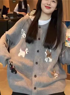 2024新款春秋韩系针织开衫卡通大码灰色上衣可爱风设计感外套毛衣