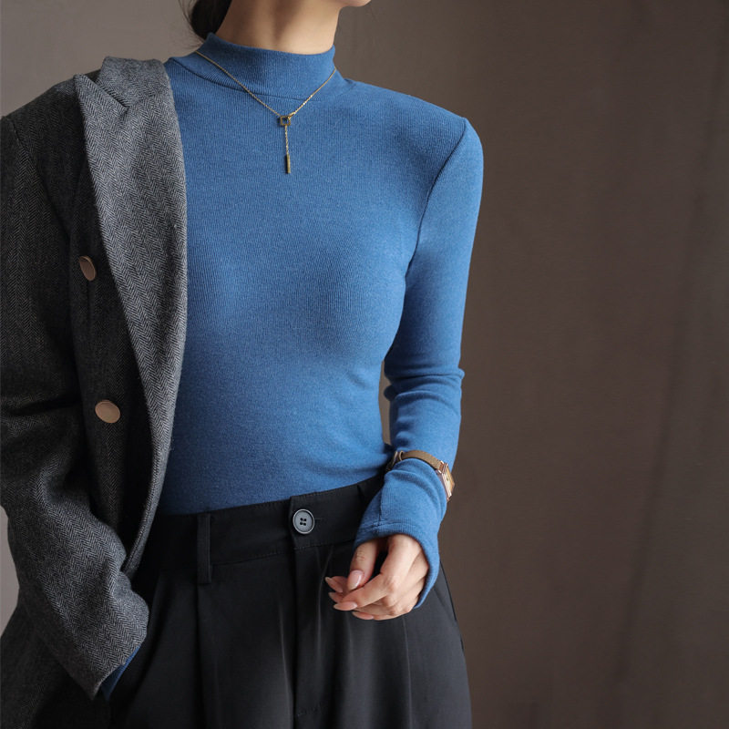 仿羊绒半高领中领打底衫女内搭秋冬季加薄绒修身长袖上衣打底衣