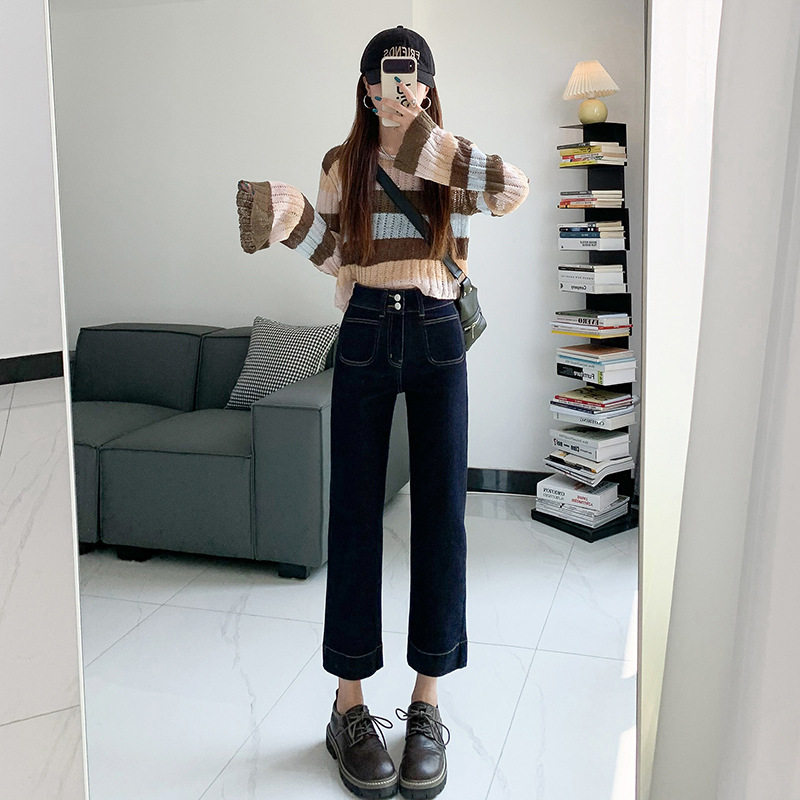 原色深蓝弹力九分裤小直筒烟管法棍高腰修身显瘦牛仔裤小个子显高