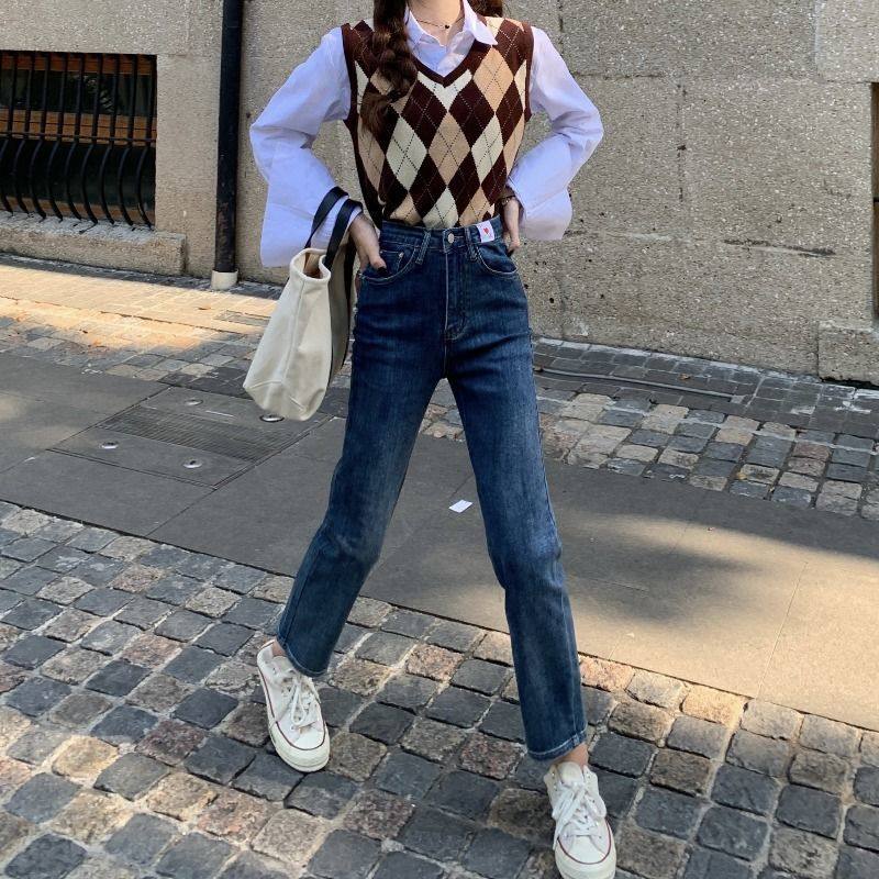 八九分蓝色牛仔裤女春秋季新款高腰修身显瘦直筒裤烟管裤长裤子潮