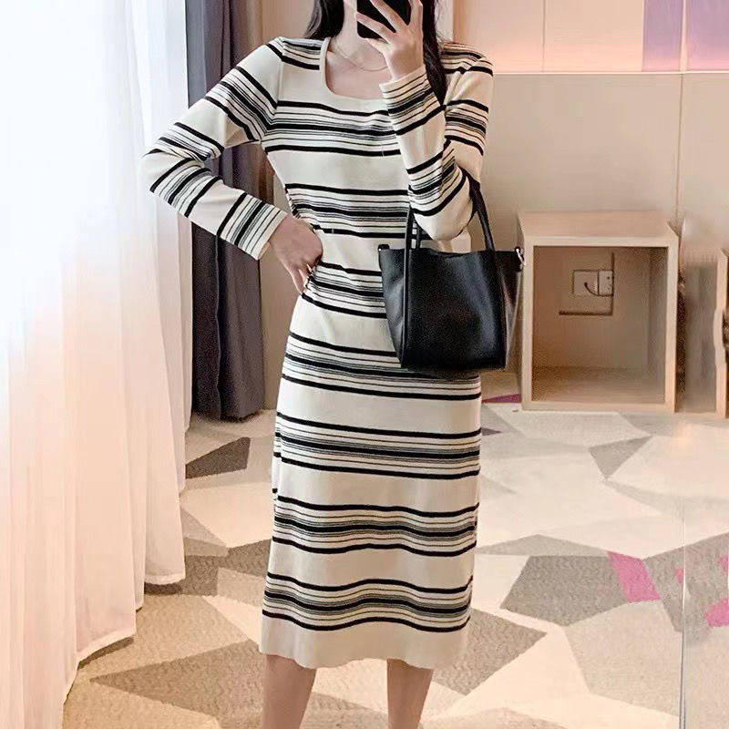 秋装长袖针织连衣裙遮肚子减龄长款毛衣裙气质宽松显瘦内搭打底裙