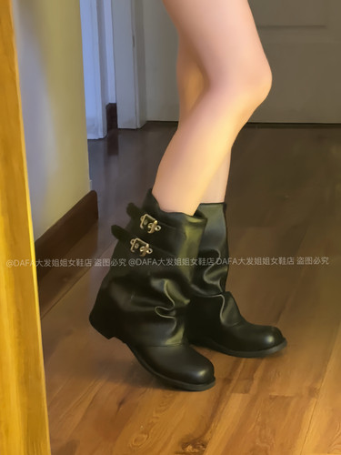 大发姐姐实拍褶皱堆堆靴女黑色短靴厚底裤管靴粗跟西部牛仔骑士靴
