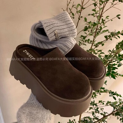 实拍牛皮版！7cm厚底增高勃肯鞋女外穿2025新款一脚蹬半拖包头拖