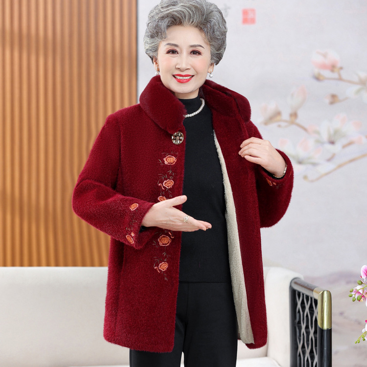 日式良品秋冬新款妈妈羊羔绒棉衣加绒加厚颗粒冬季外套大码女装宽
