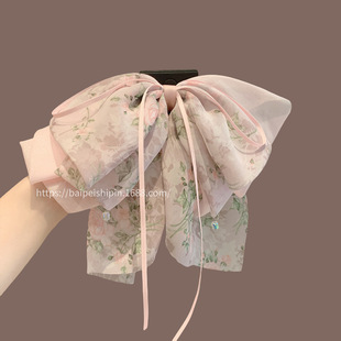 良品甜美清新碎花半扎抓小夹国风仙气飘带蓬松蝴蝶结马尾时尚 日式