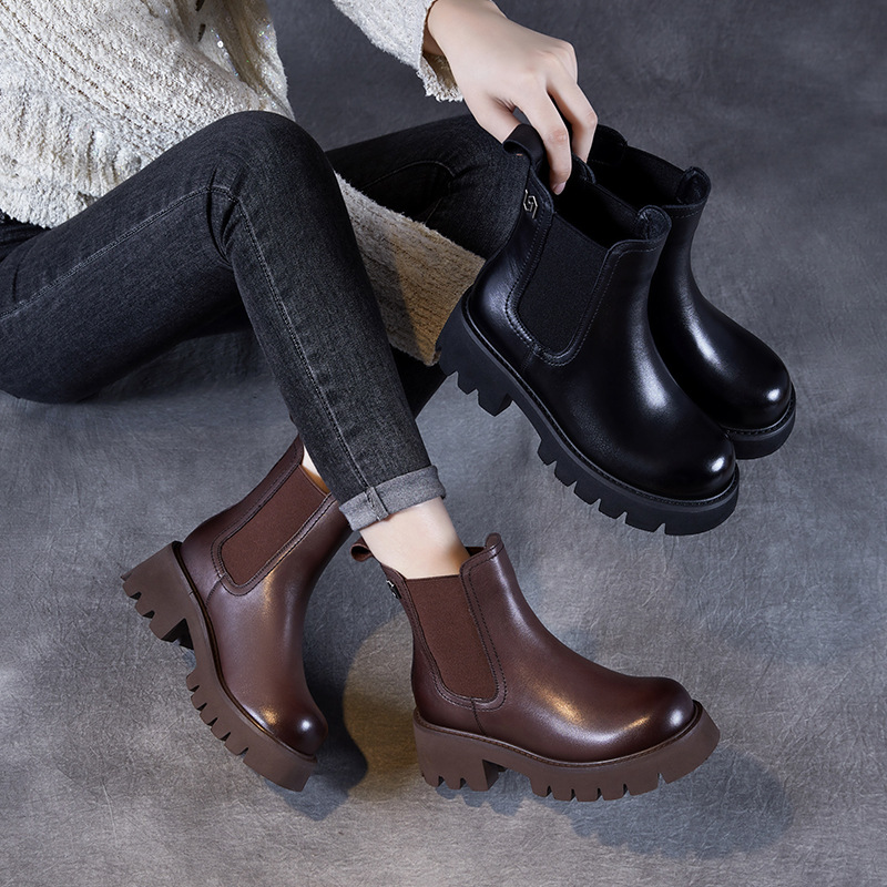 日式良品头层牛皮切尔西靴女粗跟短靴2024秋冬厚底加绒烟筒靴棕色