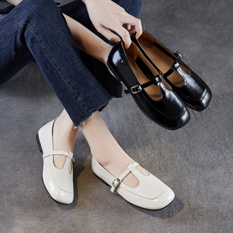 日式良品头层牛皮复古平底鞋女春秋2025新款T字型法式小皮鞋女玛