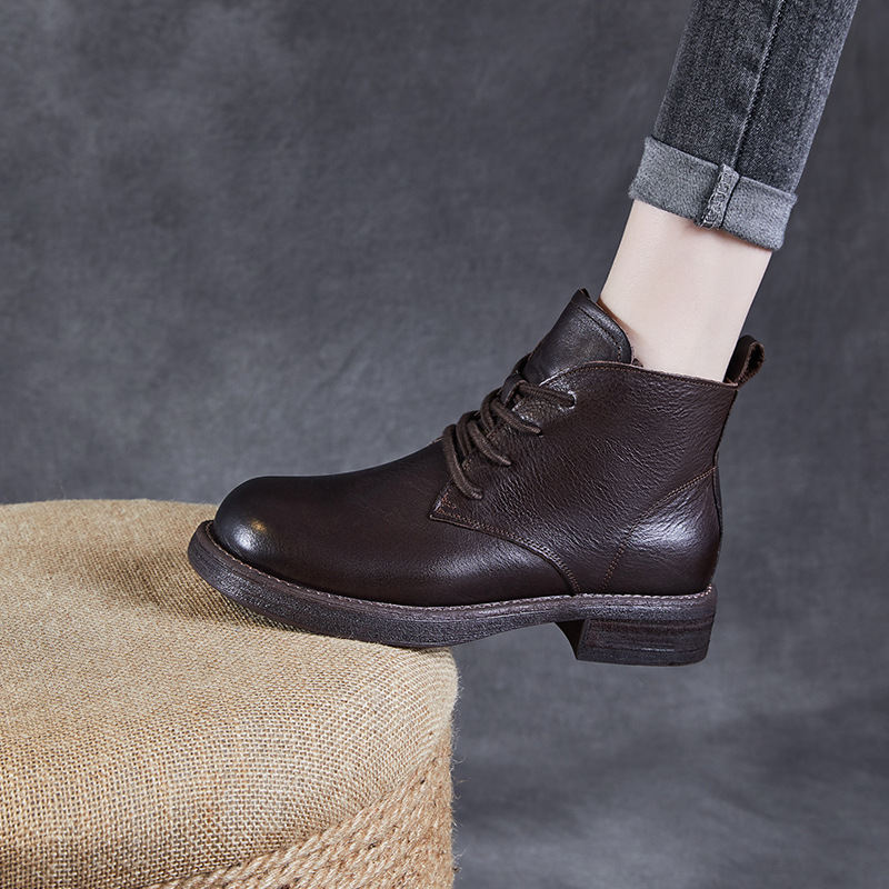 日式良品头层牛皮百搭英伦风复古粗跟厚底马丁靴24新秋冬真皮低筒