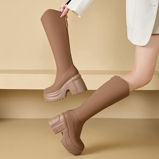 日式良品2025年秋新款厚底瘦瘦靴粗跟长筒增高靴子女不过膝长靴高