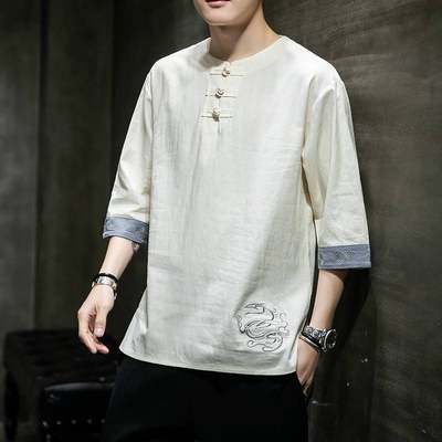 Summer new men&#39;s retro embroidery cotton and linen T