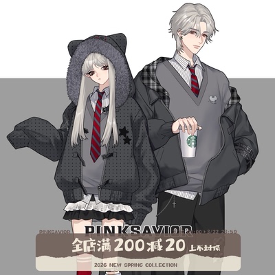 pinksavior朋克小鼠刺绣大毛领波点棉服外套黑灰设计感套装