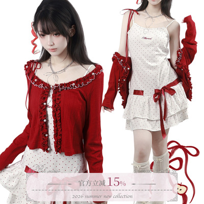 pinksavior【糖霜莓莓】美式红白撞色波点针织裙红色小开衫夏日