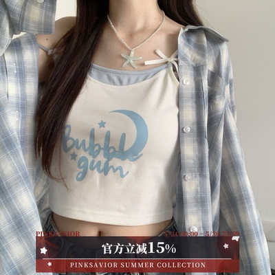 pinksavior【浅夏】清新蓝格衬衫吊带浅色系度假长短袖早秋显瘦