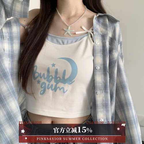 pinksavior【浅夏】清新蓝格衬衫吊带浅色系度假长短袖早秋显瘦