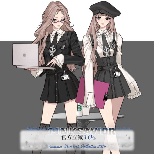 pinksavior【黑潮之海】黑灰学院收腰西服衬衫背带裙显瘦学姐套装