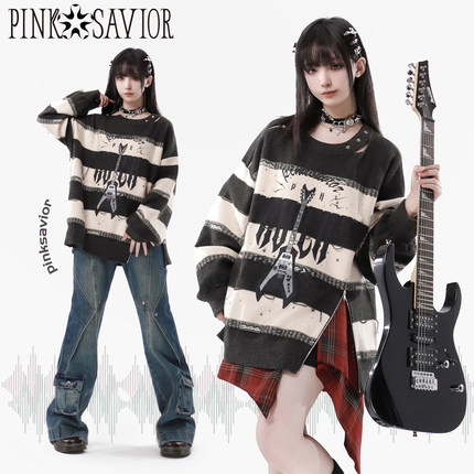 pinksavior【次元音浪】拉链装饰吉他条纹春夏日常休闲毛衣半裙套