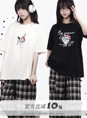pinksavior【冰品小铺】夏日奥戴尔柔棉休闲黑白短袖插图印花女