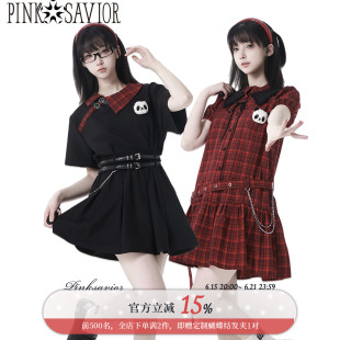 pinksavior【恋爱漫画】红黑格夏休闲减龄俏皮设计套装立体玩偶