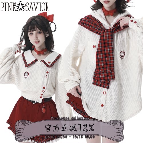 pinksavior【红果奶芙】苹果针织红白格纹披肩秋冬短外套衬衫设计