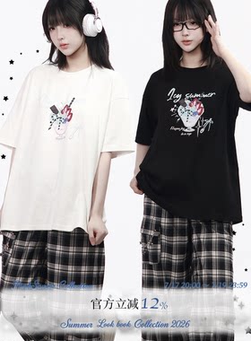 pinksavior【冰品小铺】夏日奥戴尔柔棉休闲黑白短袖插图印花女