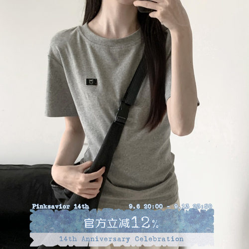 pinksavior掐腰夏日棉质显瘦遮肉灰白织标短袖