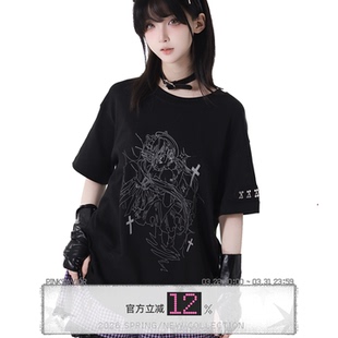 夏日反光印花显瘦宽松休闲黑色短袖 pinksavior 琉璃夜空