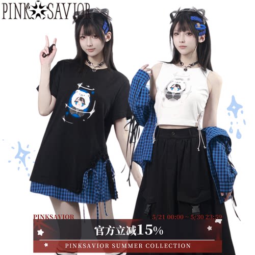 pinksavior【无尽深蓝】格纹小衫夏日撞色短袖背心长裙设计感显瘦