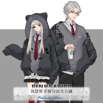 pinksavior朋克小鼠刺绣大毛领波点棉服外套黑灰设计感套装