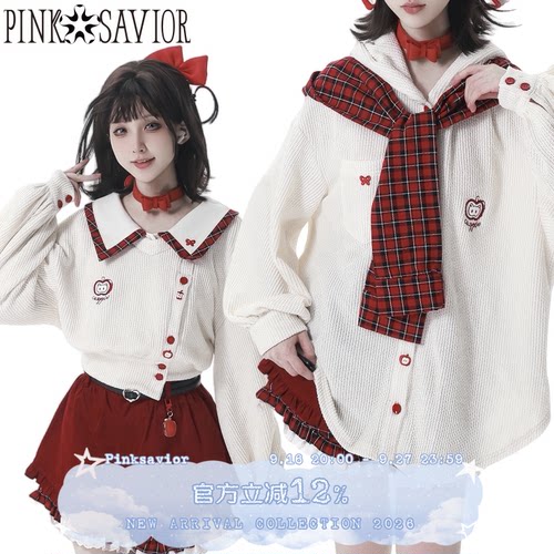 pinksavior【红果奶芙】苹果针织红白格纹披肩秋冬短外套衬衫设计
