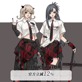 pinksavior【夏野际遇】红黑撞色衬衫设计感显瘦不规则长裤半裙