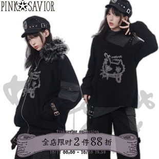 pinksavior【秋冬零度街区】黑灰摇滚少女设计感长袖长裤设计套装