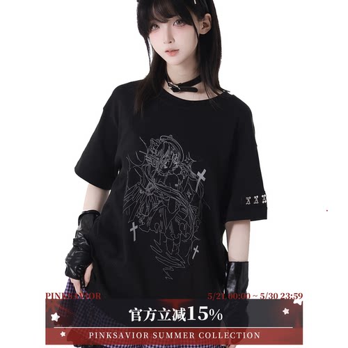 pinksavior【琉璃夜空】夏日反光印花显瘦宽松休闲黑色短袖