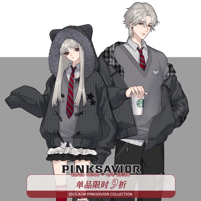 pinksavior朋克小鼠刺绣大毛领波点棉服外套黑灰设计感套装