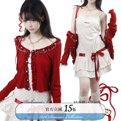 pinksavior【糖霜莓莓】美式红白撞色波点针织裙红色小开衫夏日