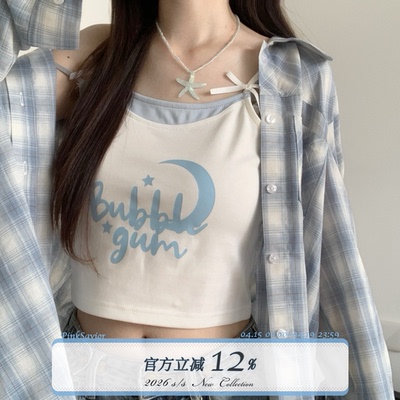 pinksavior【浅夏】清新蓝格衬衫吊带浅色系度假长短袖早秋显瘦