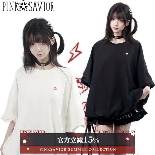 pinksavior【果味冰茶】宽松花苞麻棉短袖夏黑白刺绣苹果上衣显瘦