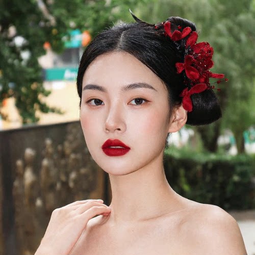 水舞U2532红色水钻花朵造型高端绒花发夹新娘敬酒服订婚头饰