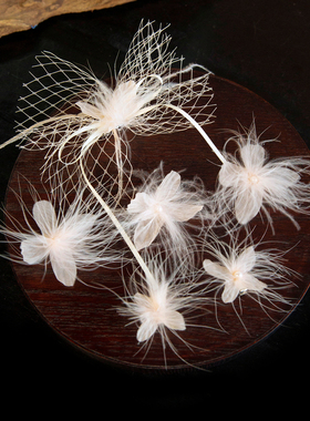 水舞B3068 新娘头饰淡粉色蝴蝶结羽毛边夹头饰小众结婚发饰配饰品