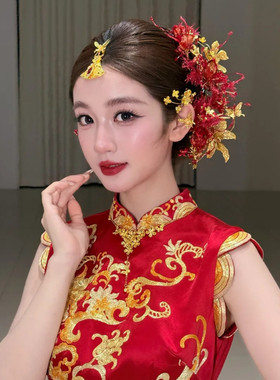 水舞U2589新中式喜庆红色花朵发夹发簪套装个性小众结婚礼发饰品
