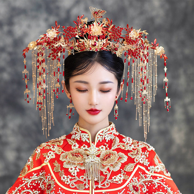 水舞u0235新娘头饰新款中式古装奢华大气流苏秀禾服凤冠金色发饰