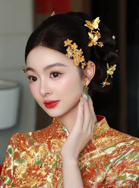 水舞U2311新中式婚礼新娘头饰金色结婚宫廷大气簪子蝴蝶发簪配饰